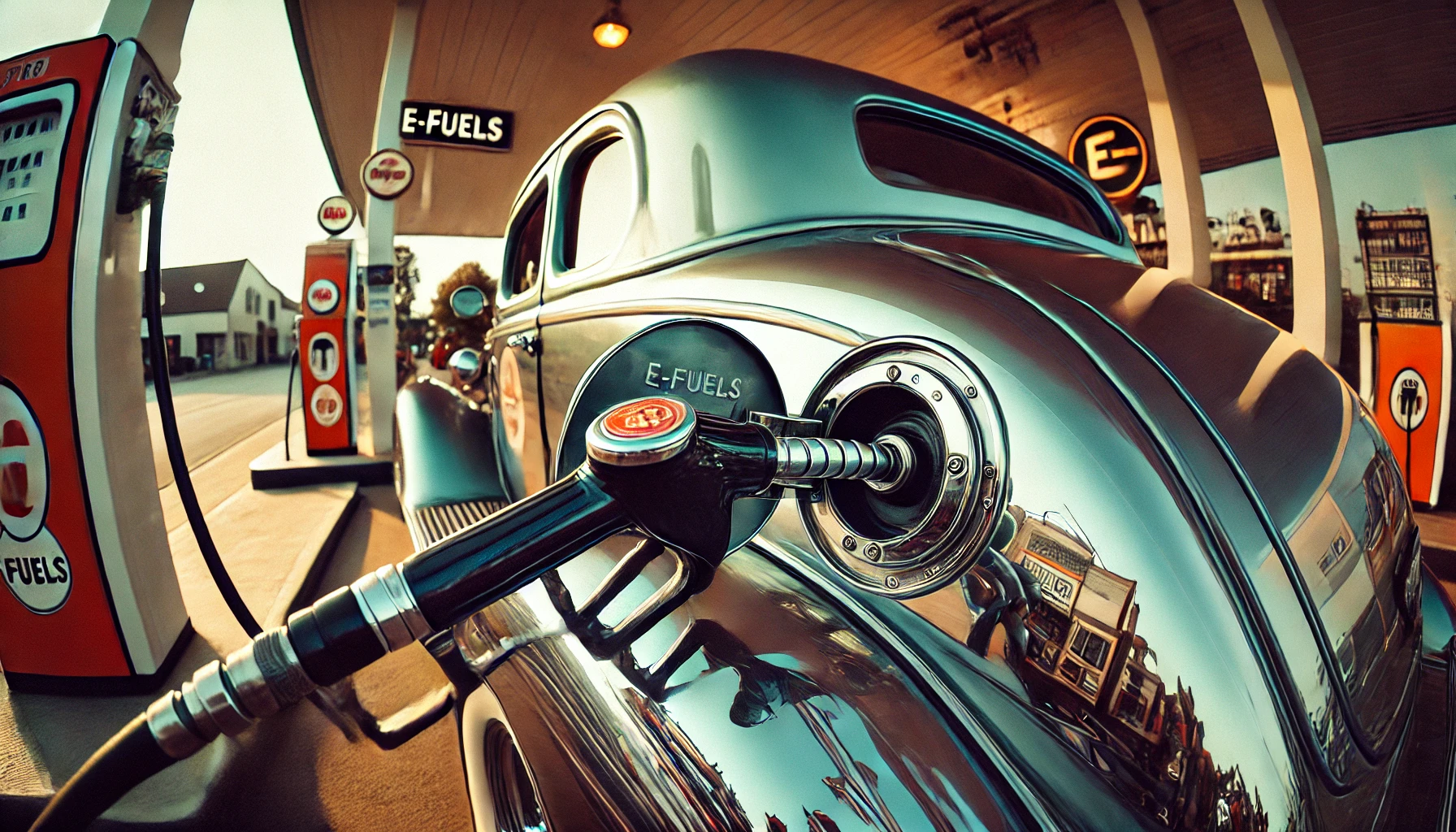 Dall·e 2024 09 05 09.05.03 A Wide Angle Close Up View Of A Vintage Car Being Refueled At A Gas Station, With The Fuel Nozzle Inserted Into The Fuel Cap Located At The Rear Of Th